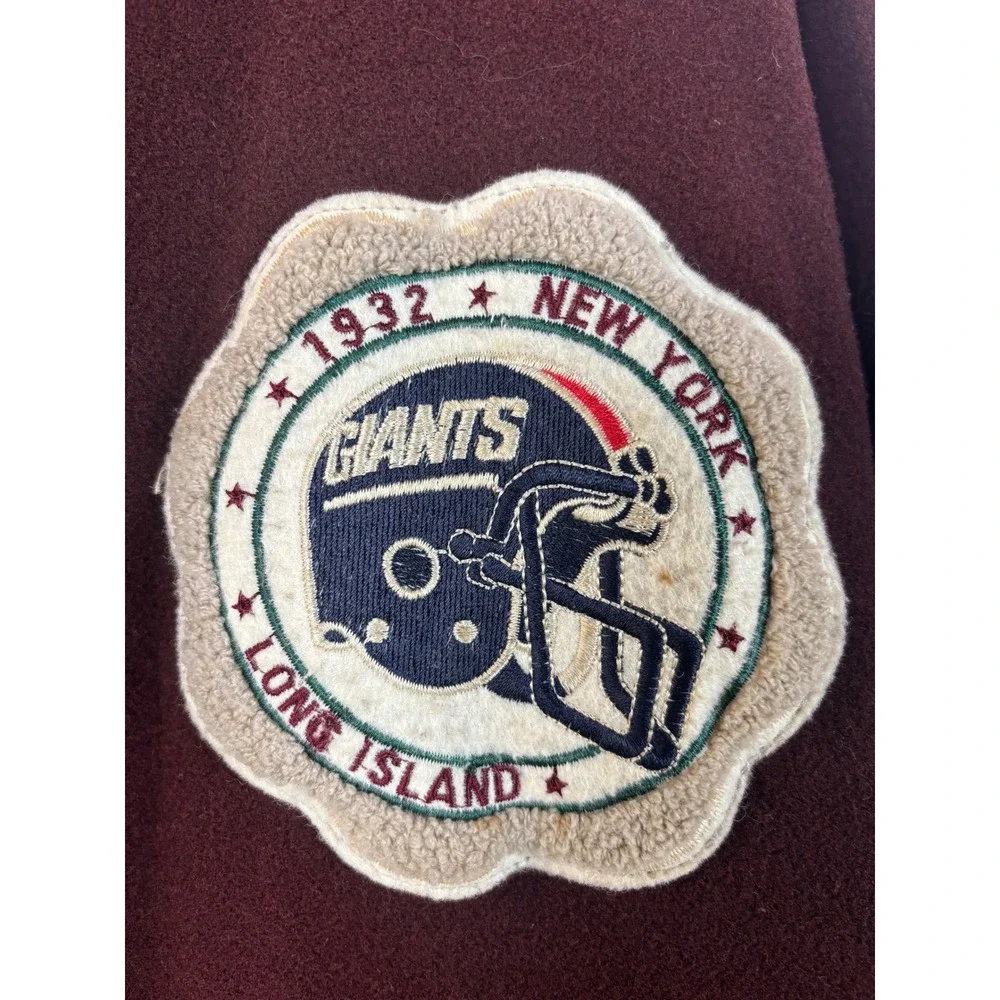 Vintage Style Wool Varsity Jacket New York Giants Patch Burgundy Snap Bomber - Picture 3 of 12
